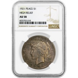 1921 High Relief $1 Silver Peace Dollar NGC AU58 Key Date Coin #018