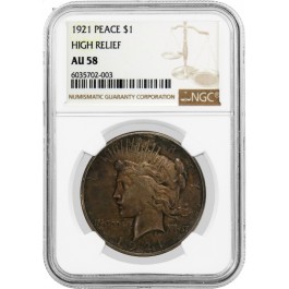 1921 High Relief $1 Silver Peace Dollar NGC AU58 Key Date Coin #003