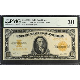 Series Of 1922 $10 Large Size Gold Certificate Fr#1173 Large S/N PMG Very Fine 30