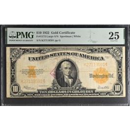Series Of 1922 $10 Gold Certificate Fr#1173 Large S/N PMG VF25 Stamp Ink