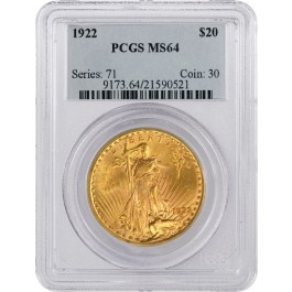 1922 $20 St Gaudens Double Eagle Gold PCGS MS64 Brilliant Uncirculated Coin