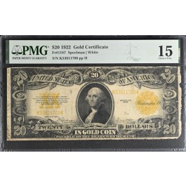 Series Of 1922 $20 Large Size Gold Certificate Fr#1187 PMG F15 Ink Rub