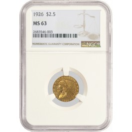 1926 $2.50 Indian Head Quarter Eagle Gold NGC MS63