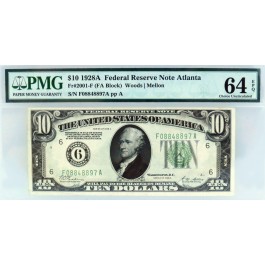 1928 A $10 FRN Atlanta Fr#2001-F (FA Block) PMG Ch UNC 64 EPQ