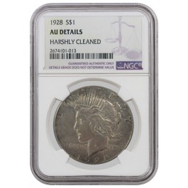 1928 $1 Peace Dollar  NGC AU Details Harshly Cleaned