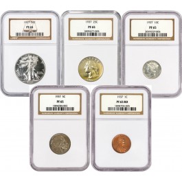 1937 50C 25C 10C 5C 1C United States 5 Coin Slabbed Proof Set NGC PF65