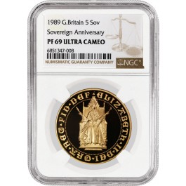 1989 Proof 5 Sovereign Gold Great Britain 500th Anniversary NGC PF69 UC Coin