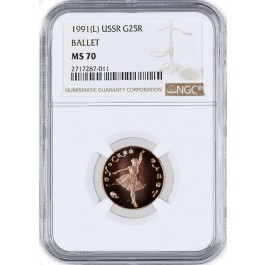 1991 (L) 25R Ballet Ballerina 1/10th oz .585 Gold Russia 25 Rouble NGC MS70 