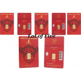 Lot of 5 - 1 Gram Gold Bullion Exchanges Year Of The Monkey 2016 IGR .9999 Gold Bar