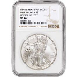 2008 W Reverse Of 2007 $1 1 oz .999 Burnished Silver American Eagle NGC MS70