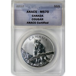 2012 $5 CAD 1 oz .9999 Fine Silver Canadian Wildlife Series Cougar ANACS MS70