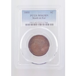 1855 Braided Hair Slanted 5 Knob On Ear Large Cent Graded PCGS MS63 BN