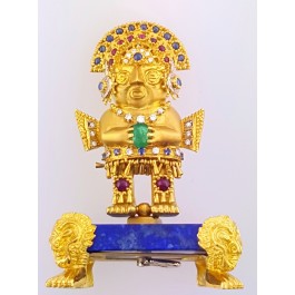 Spritzer Fuhrmann 18k Gold Ruby Emerald Sapphire Diamond Inca God Brooch Stand Lapis