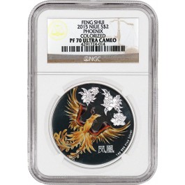 2015 $2 Niue Proof Feng Shui Phoenix Colorized 1 oz Silver NGC PF70 Ultra Cameo