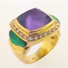 18k Yellow Gold Dome Pyramid Amethyst Green chalcedony Diamond Albion Ring 13.3 Grams