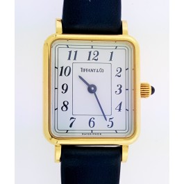 Tiffany & Co Women's Wristwatch 14k Yellow Gold Black Leather Band Rectangle Quartz