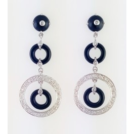 18k Gold Deco Style Onyx Chalcedony and .50Ct Dangly Diamond Earrings