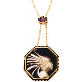 Deco 14k Gold Diamond Ruby Erte Romain De Tirtoff Fireflies Pendant Necklace
