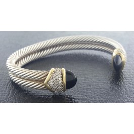 David Yurman Onyx Sterling Silver 18k Gold Double Cable Pave Diamond  Cuff 