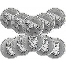 Lot of 10 - 2016 Canadian $5 1 oz .9999 Fine Silver Predator Series Cougar BU