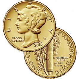 2016 W 10C 100th Anniversary 24K Gold 1/10 oz Mercury Dime