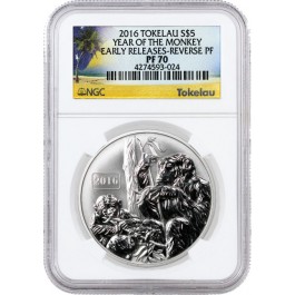 2016 $5 Tokelau Reverse Proof Year Of The Monkey 1 oz .999 Silver NGC PF70 ER