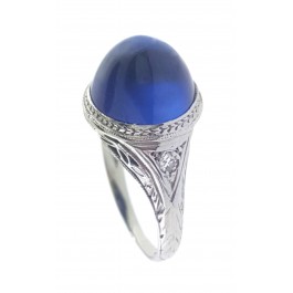 Art Deco 14k White Gold Synthetic Sapphire Cabochon Dome ring Single Cut Diamond accents