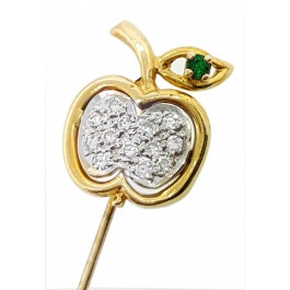 18k Cartier France  Deco Single cut Diamond and Green Emerald Apple Stick Pin