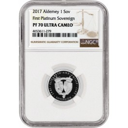 2017 Aldemey Proof First Platinum Sovereign .2571 oz NGC PF70 Ultra Cameo