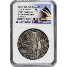 2017 P $2 AUD 2 oz .999 Fine Silver Australian Koala High Relief NGC MS70 Antiqued ER