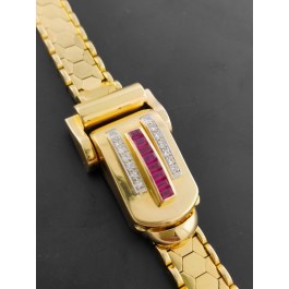 Retro Rolex by Carl Bucherer Hidden 18k Gold Diamond Ruby Watch Bracelet  