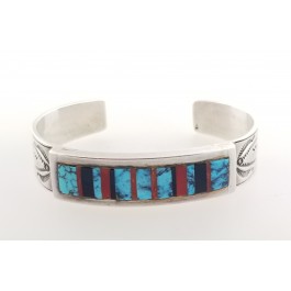 Vintage Aaron Toadlena Navajo Sterling Silver Turquoise Coral Onyx Cuff Bracelet