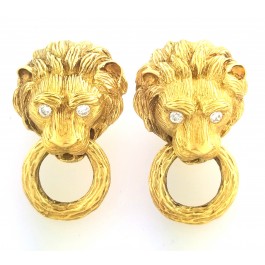Vintage Van Cleef Arpels VCA 18k Gold Lion Head Diamond Door Knocker Earrings Coin Exchange NY