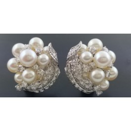 Vintage David Webb Platinum 14k White Gold Cultured Pearl Diamond Clip Earrings