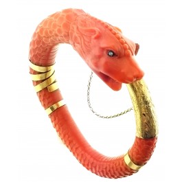 Victorian 14k Gold GIA Undyed Orange Coral Chinese Chi Qi Dragon Bangle Bracelet
