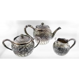 Antique 1890 Gorham Sterling Silver Floral Repousse Coffee Tea Set Of 3 Mono