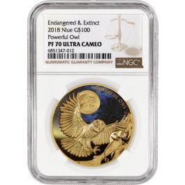 2018 $100 Niue Proof Endangered & Extinct 1 oz Gold Colorized Owl NGC PF70 UC