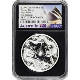 2019 P $2 AUD Proof 2 oz .999 Fine Silver Australian Double Dragon High Relief NGC PF70