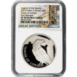 2019 £5 Proof .925 Fine Silver Piedfort Great Britain Legend Of The Ravens NGC PF70 FR