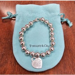 Return To Tiffany & Co 925 Sterling Silver Heart Tag 8mm Beaded Bracelet Size 6"