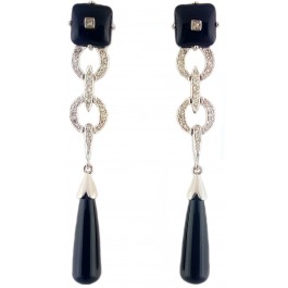 18k Gold Deco Style Carved Onyx Chalcedony and .40 Ct Single Cut Diamond Earrings