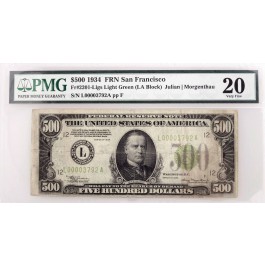 Series Of 1934 $500 Bill FRN San Francisco Fr#2201-Llgs LA Block PMG VF20