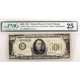 Series Of 1934 $500 Bill FRN Chicago Fr#2201-Glgs GA Block PMG VF25 Erasure