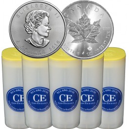 Lot of 125 - 2016 1 oz Silver Canadian Maple Leaf .9999 $5 Bullion Coins (5 Rolls)
