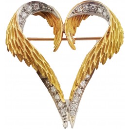Fine 18k Gold .44ct  Diamond heart feather wings pin brooch