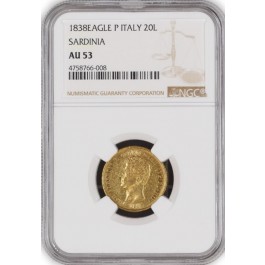 1838 Eagle P 20 Lire Gold Sardinia Italian States Carlo Alberto NGC AU53