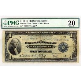 Series of 1918 $1 Federal Reserve Bank Of Minneapolis Fr#736 VF20 PMG