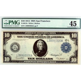 Series of 1914 $10 Federal Reserve Note San Francisco Fr#951b Ch EF45 PMG