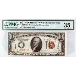 Series of 1934 A $10 FRN Hawaii WWII Emergency Issue Fr#2303 Ch VF35 PMG