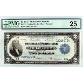 Series of 1918 $2 Battleship Federal Reserve Bank Of Philadelphia Fr#754 VF25 PMG